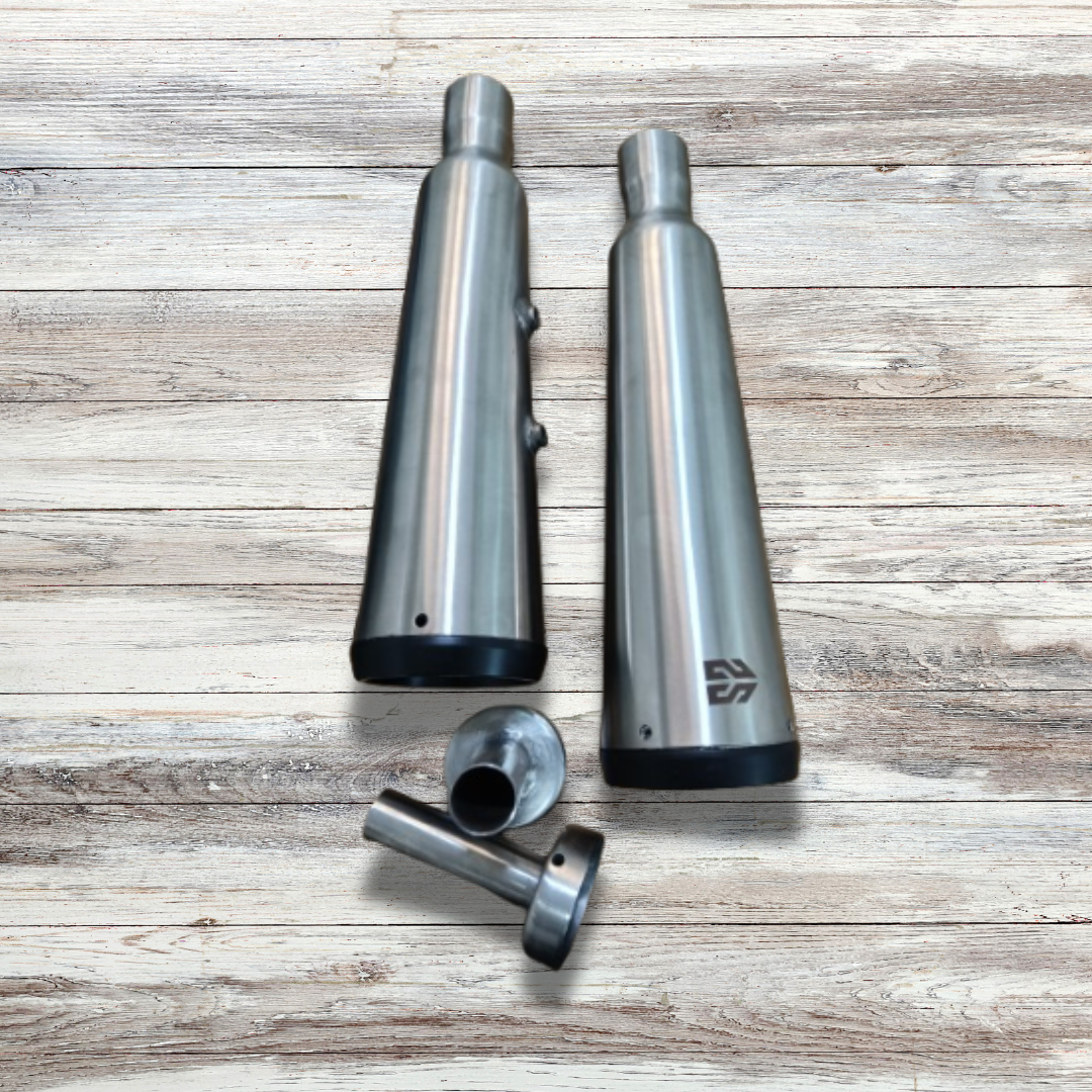 Adaptable Slip-On Silencer (Pair)- FAT CANS-STEEL FINISH For Royal Enfield Interceptor 650 / Continental GT 650